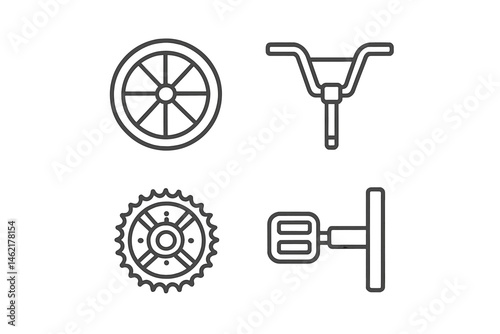 Vector illustration featuring bicycle parts including a wheel, handlebars, gear, and pedal in a simple and modern design