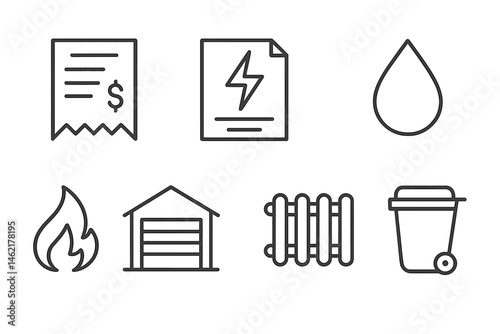 Vector illustration icon depicting essential household utilities and resources like water, electricity, and heating