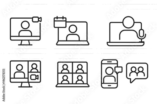 Line art icons representing digital communication, online meetings, and virtual conference activities