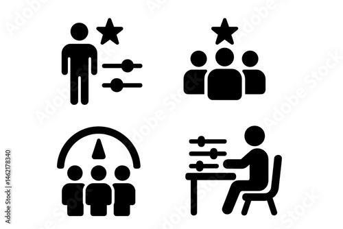 Vector illustration icons depicting user settings, group discussion, feedback mechanism, and interface adjustment for digital interactions