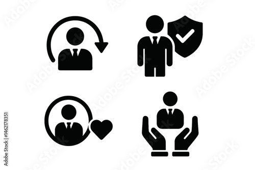 Vector illustration icons depicting business trust, customer support, and engagement in professional settings