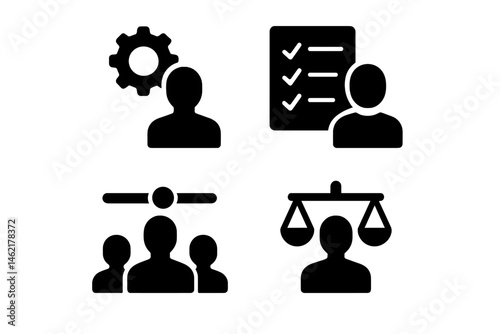 Vector illustration icons representing management, task completion, group collaboration, and justice themes in a modern design