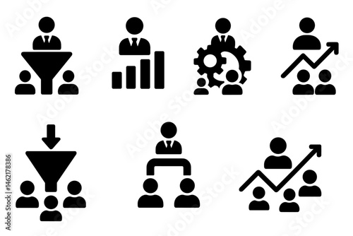 Business growth and management vector icons illustrating team dynamics and data analysis for effective strategy implementation