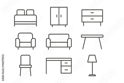 Stylish vector illustration icons depicting various types of furniture for home and office use in a minimalistic design