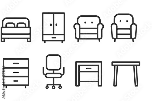 Furniture vector illustration icons featuring bedroom, living room, and workspace items designed for easy identification and use