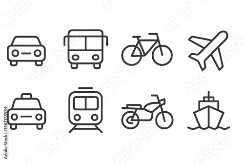 Transport icons collection featuring various modes of transportation including cars, buses, bicycles, planes, taxis, trains, motorcycles, and ships