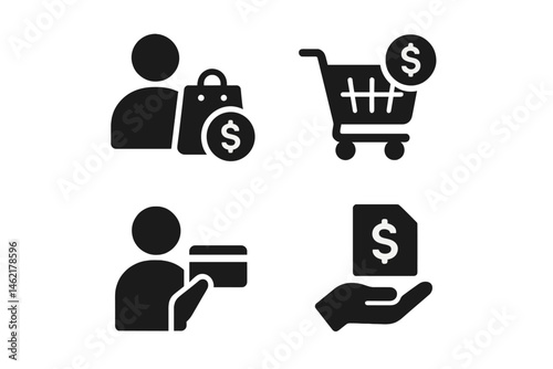 Vector illustration icon depicting shopping activities, transactions, and payment options commonly seen in retail environments