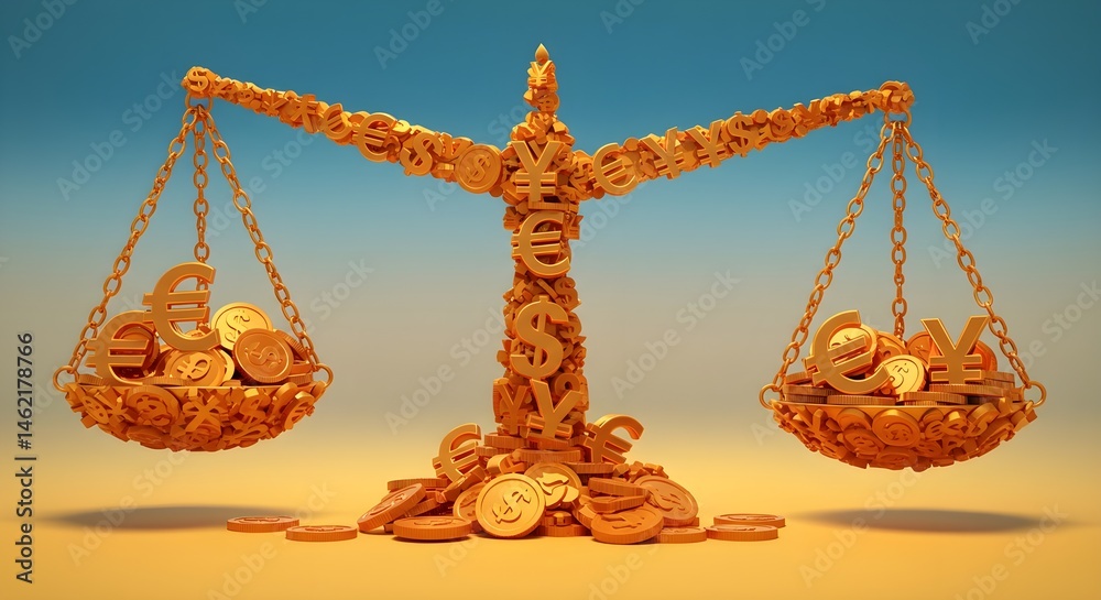 Golden scales overflowing with currency symbols. Global finance concept.