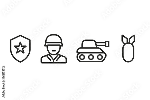 Vector illustration of military symbols including shield, soldier, tank, and bomb in a unified design