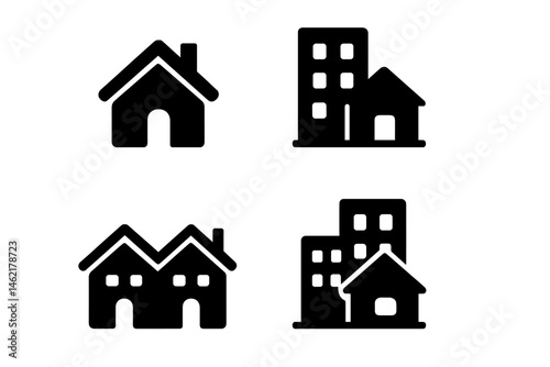 Vector illustration icons of various house and building designs suitable for real estate and construction purposes