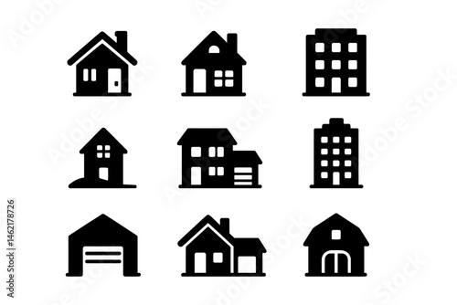 Collection of vector illustration icons depicting various types of houses and buildings for use in design projects