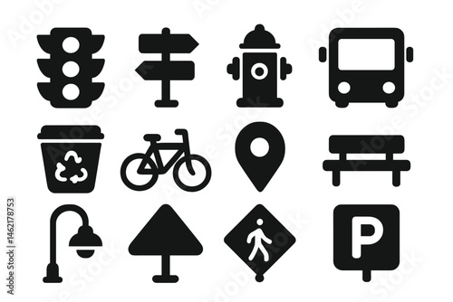 Vector illustration icons representing urban elements like traffic signals, signage, and public transport in a modern city environment