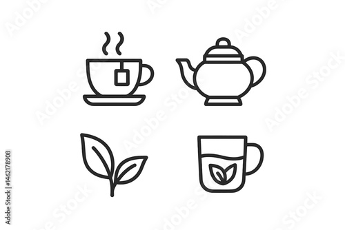 Tea preparation process illustrated with cup, teapot, leaves, and glass in simple vector design