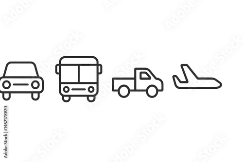 Vector illustration of various modes of transportation including a car, bus, truck, and airplane