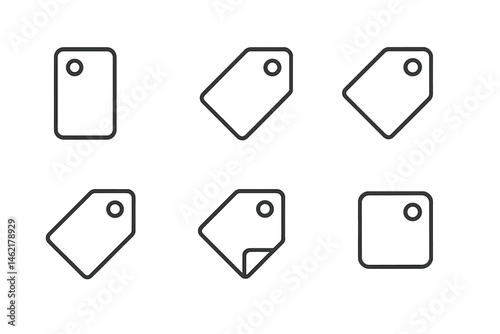 Six vector illustration icons of various tag shapes suitable for online purchases and inventory management