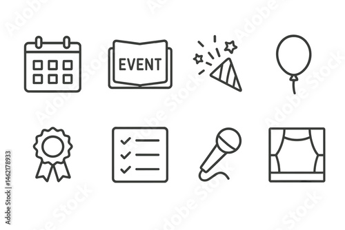 Event planning essentials include a calendar, checklist, microphone, and celebration items for successful gatherings