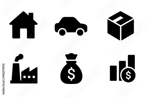 Vector illustration icon depicting various elements of economy and commerce, including house, car, package, factory, money bag, and financial chart