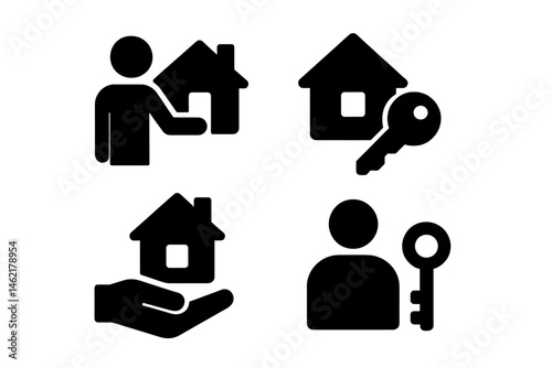 Vector illustration icons depicting home ownership, property keys, and real estate transactions in a modern style