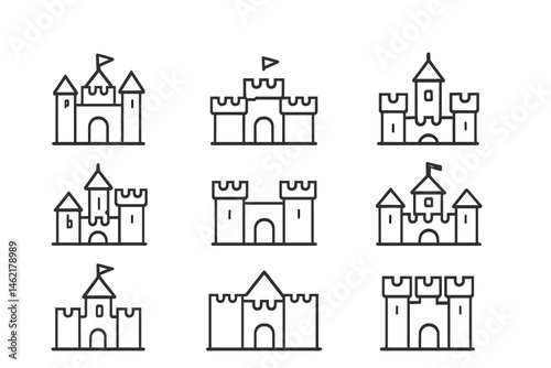 Collection of vector illustration icons representing different castle designs with flags in a minimalist style