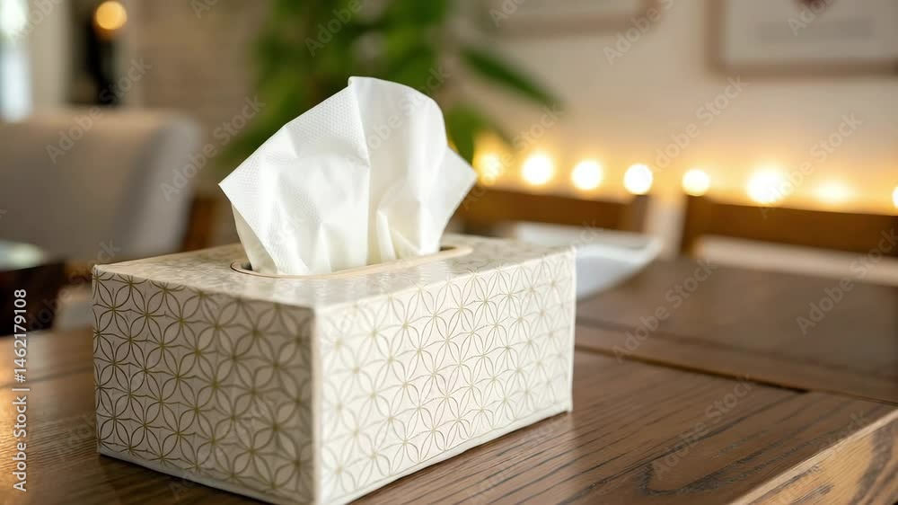 Tissue box with tissues placed on a wooden table in a cozy setting  