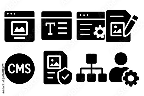 Vector illustration icon set for content management system features including image uploads, text editing, and user management