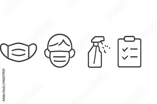 Vector illustration icon set depicting health and safety measures during a pandemic in a clean, modern style