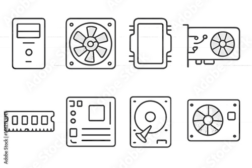 Vector illustration of computer hardware components including CPU, GPU, fan, RAM, and storage device in flat design style