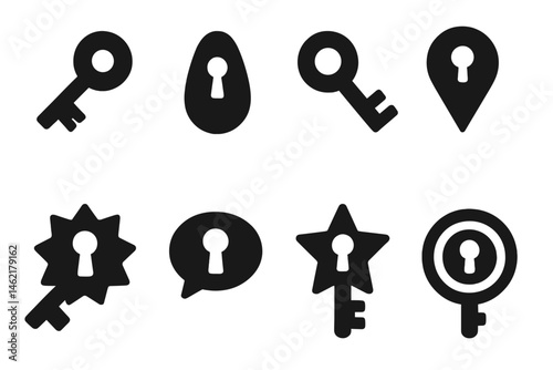Vector illustration icons featuring black keys, locks, and symbols representing security and access in a digital context