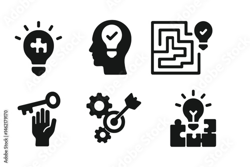 Creative icons representing problem solving with light bulbs, gears, and a maze