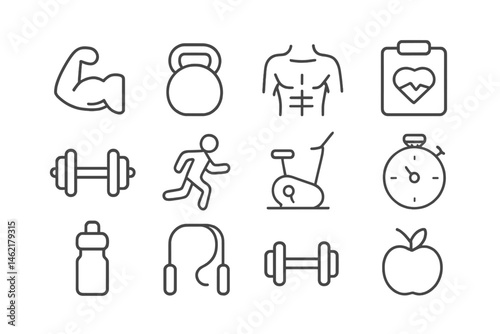 Fitness and Health Icons Collection Featuring Exercise Equipment and Activities for a Healthy Lifestyle