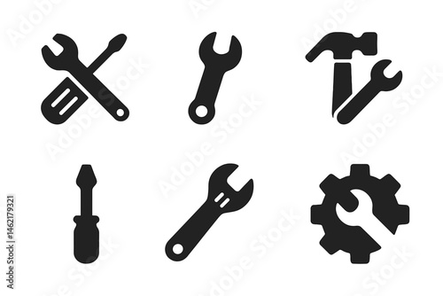 Vector illustration of various black tool icons for construction and repair tasks