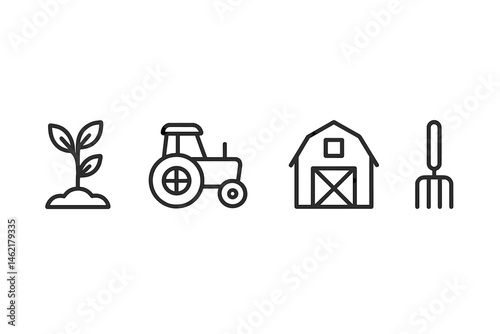 Vector illustration icon of agricultural elements depicting growth, machinery, and farming tools shown in a simple design