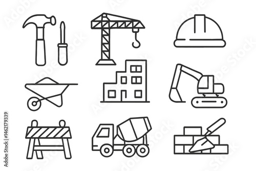 Construction tools and equipment vector icon set for building and renovation projects