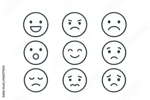 Various emotion faces represented as simple vector icons with expressions conveying happiness, sadness, surprise, and anger in a grid format