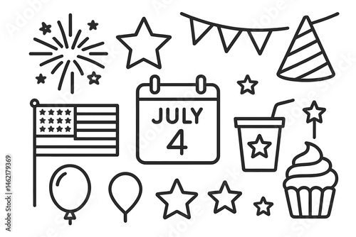 Celebrating independence day with festive icons including the American flag, fireworks, and party decorations