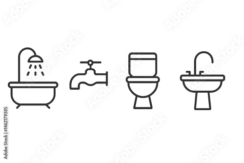 Vector illustration of bathroom fixtures including a bathtub, faucet, toilet, and sink in a minimalist design