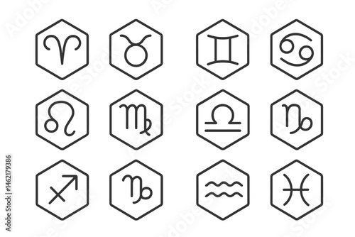 Vector illustration of twelve zodiac signs in hexagon shapes for astrology and horoscope themes