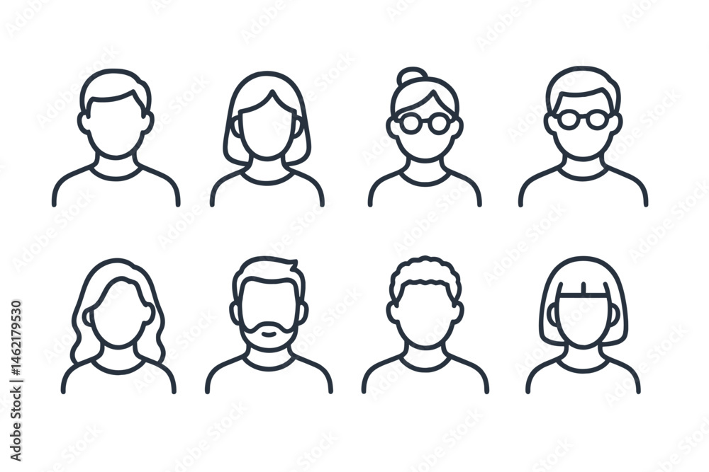Fototapeta premium Vector illustration of diverse people icons representing various professions and attributes in a minimalist design
