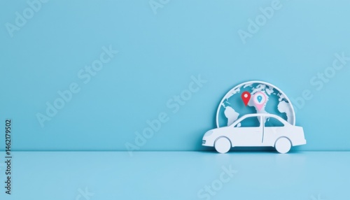 Minimalist Car Model with Location Pins on Blue Background