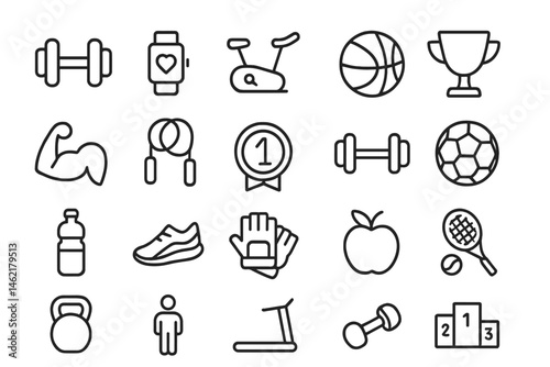 Vector illustration of fitness icons representing various sports, exercise equipment, and healthy lifestyle choices