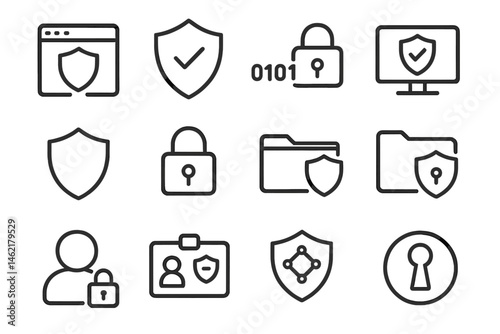 Vector illustration icons representing cybersecurity elements, including shields, locks, and digital devices with secure data symbols