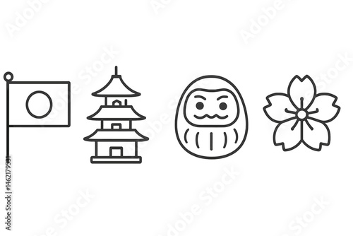 Japanese culture icons depicting a flag, pagoda, daruma doll, and cherry blossom in a simple vector illustration