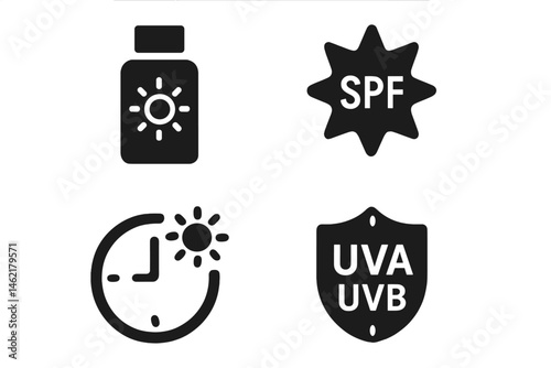 Sun protection vector illustration with sunscreen, SPF label, timer for application, and UV protection shield