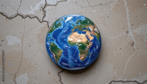 Detailed View of Earth on Cracked Surface with Blue Oceans and Green Land