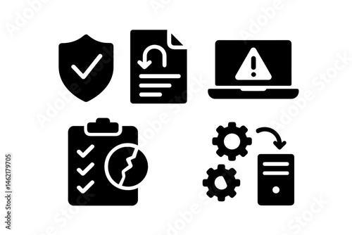 Vector illustration of icons for cybersecurity, system alerts, and data management representing various technological concepts