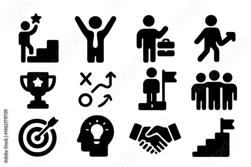 Icons depicting success, teamwork, and achievement in various professional activities and scenarios