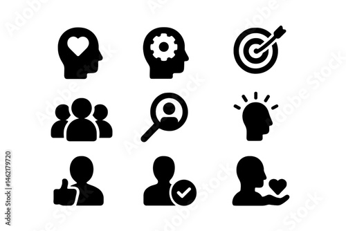 Vector illustration depicting various icons representing emotions, teamwork, and personal development themes in a modern style