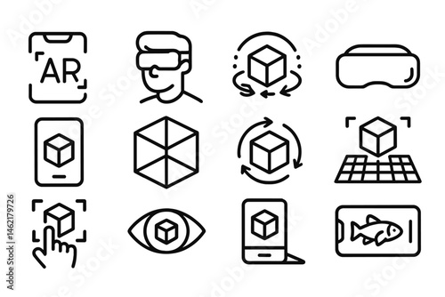 Vector illustration icons representing augmented reality and virtual reality technology in various activities and interactions