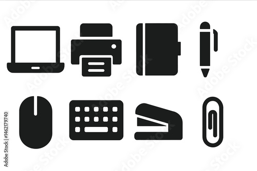 Vector illustration of office supplies including laptop, printer, notebook, pen, mouse, keyboard, stapler, and paper clip