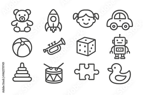Collection of playful vector icons representing children's toys and activities in a fun and engaging layout